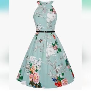 Floral Sleeveless Dress with Black Belt